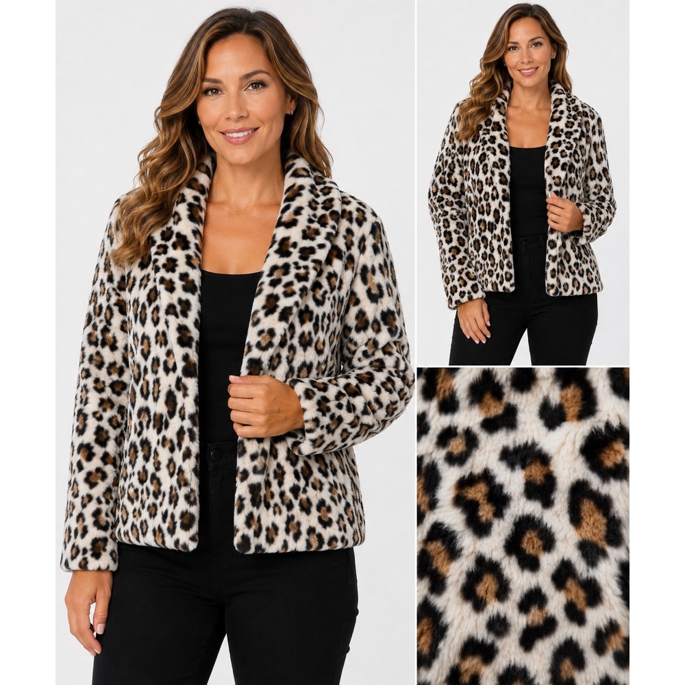 NEW Leopard Print Short Plush Faux Fur Open Front Jacket Blazer. Fits S-M